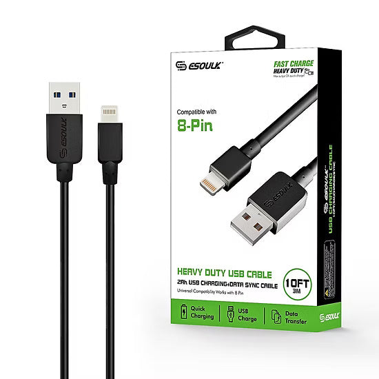 ESOULK EC38P-IP 10FT 8 PIN USB CABLE - BLACK