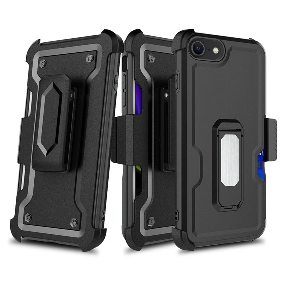 iPhone SE 3 (2022) SE/8/7 CARD Holster with Kickstand Clip Hybrid Case Cover - Black