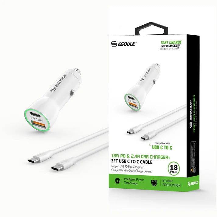 EC09P-CC-WH 18W Car Charger PD & 2.4A USB with 3ft C to C cable