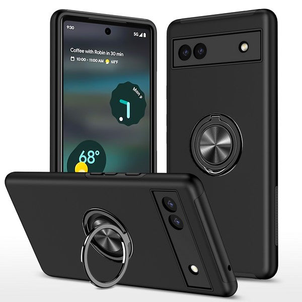 Google Pixel 6a 2022 Oil Painted Case w/Flat Magnetic Ring Stand Black