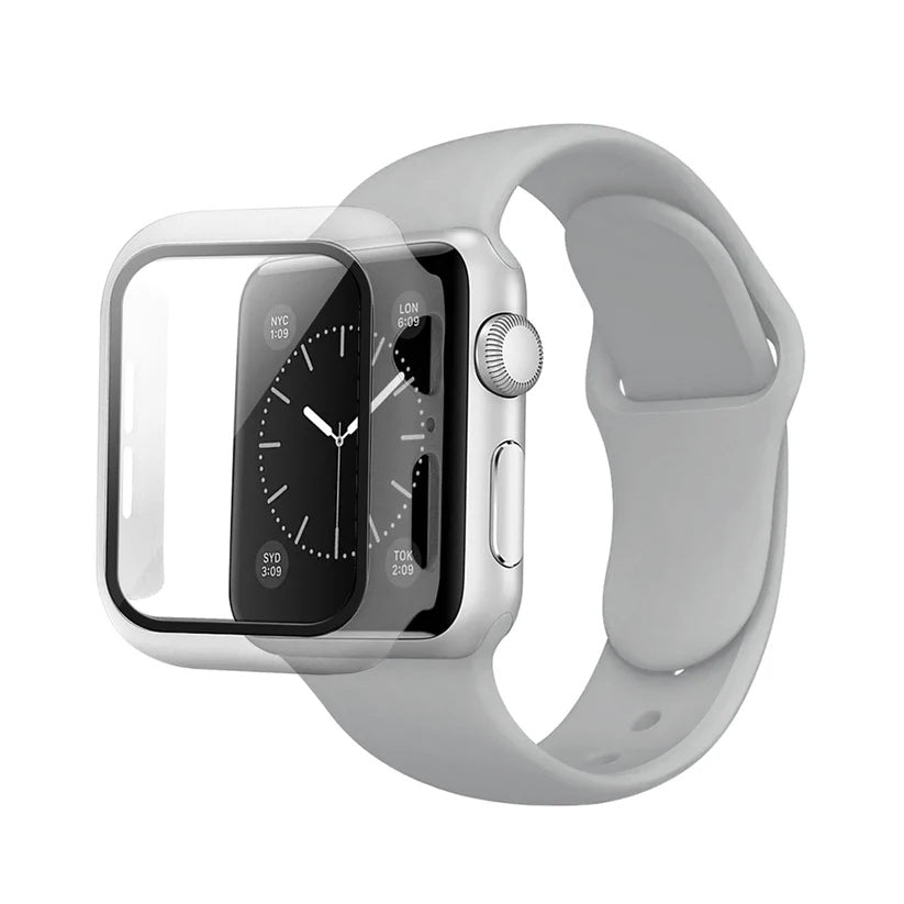 Gray Color PC Watch Case With Glass Screen Protector and Silicone Watch Band for Apple Watch 38mm