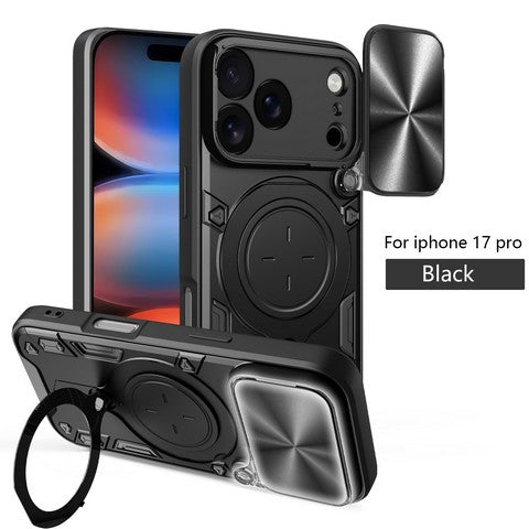 iPhone 17 Pro 2025 Twisting Metal Ring Stand Case w/Camera cover Black