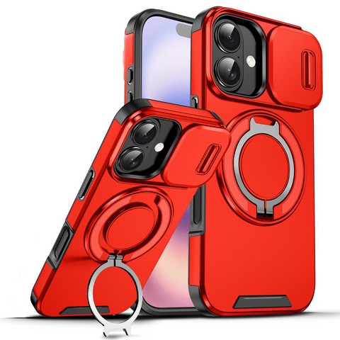 iPhone 17 2025 Rotate Magnetic Ring Stand case w/Camera Cover Red