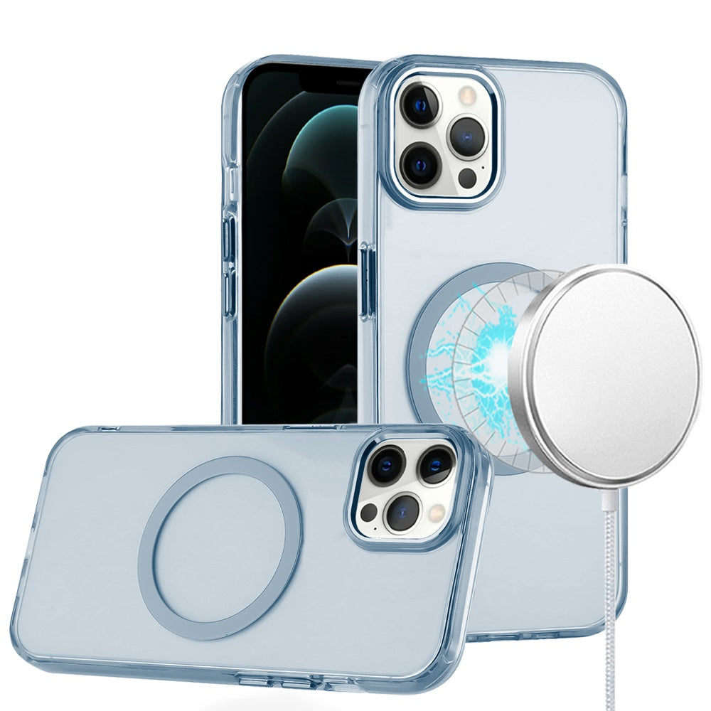 iPhone 12 Pro Max 6.7 Magnetic Circle Ring Transparent Premium Acrylic with Metal Buttons & Camera Raised Lip - Light Blue