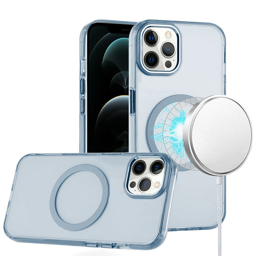 iPhone 12 Pro Max 6.7 Magnetic Circle Ring Transparent Premium Acrylic with Metal Buttons & Camera Raised Lip - Light Blue