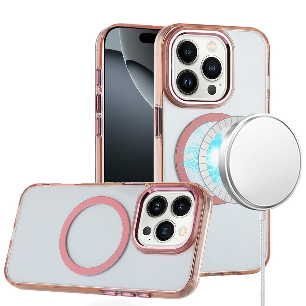 iPhone 16 Pro 6.3 inch Magnetic Circle Ring Transparent Premium Acrylic with Metal Buttons & Camera Raised Lip - Rose Gold