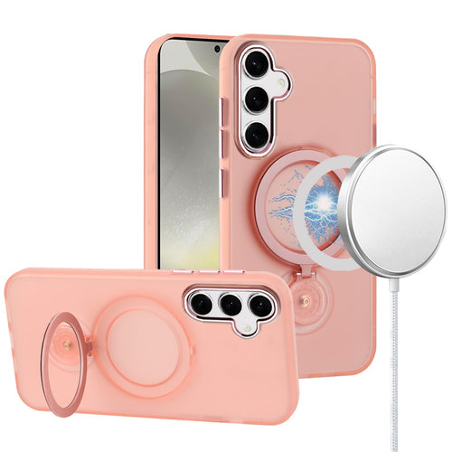 Samsung S25/S24 Hoop Kickstand [Magnetic Circle] HD Transparent Chrome Hybrid - Pink