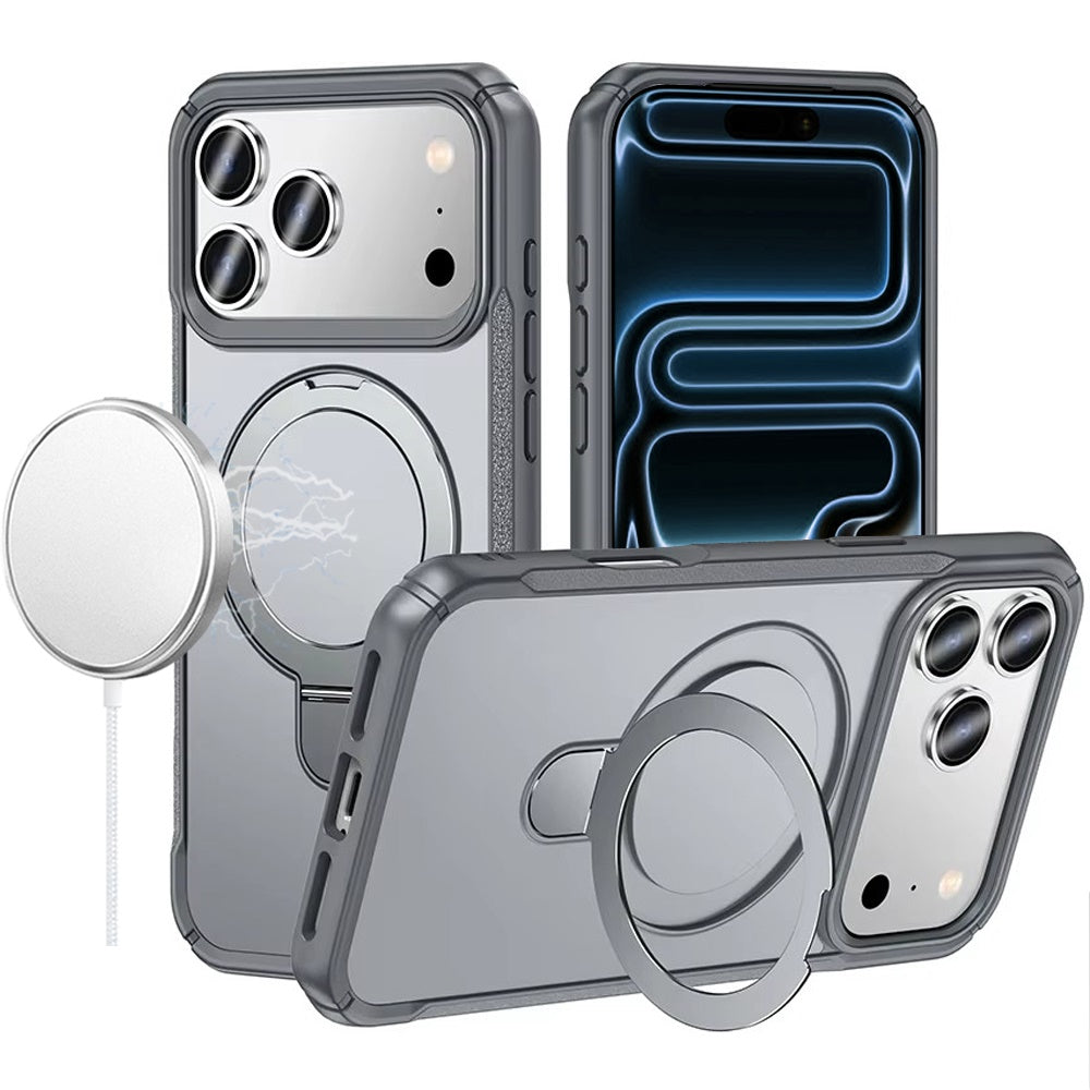 iPhone 17 Pro Max Matte Finish  Magnetic Ring With Stand Hybrid Case - Gray