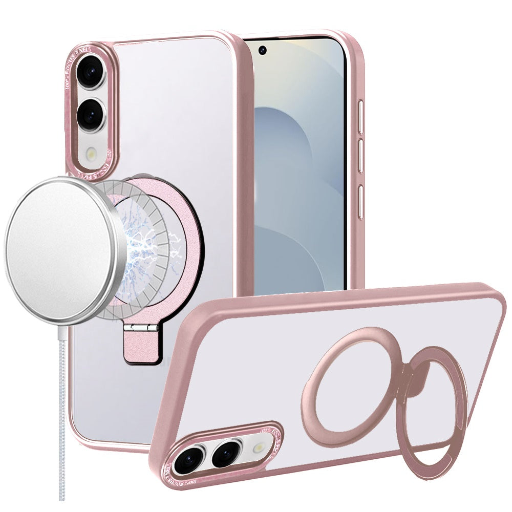Samsung Galaxy S25 Edge Metal Chrome Kickstand [Magnetic Circle] Shockproof Matching Camera Hybrid - Pink