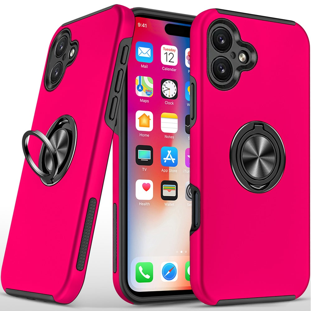 iPhone 16 6.1 inch CHIEF Oil Painted Magnetic Ring Stand Hybrid Case Cover - Hot Pink