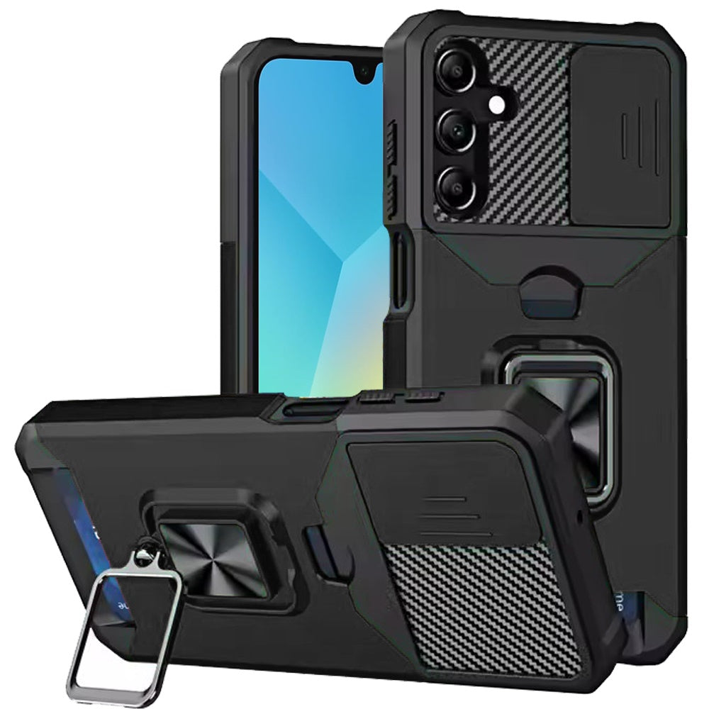 Samsung A16 5G Multi-Functional Card Magnetic Ring Stand Hybrid Camera Case Cover - Black