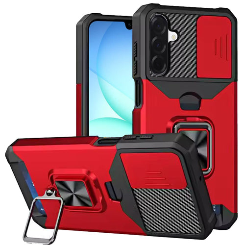 Samsung A17 5G Multi-Functional Card Magnetic Ring Stand Hybrid Camera Case Cover - Red