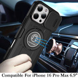 iPhone 16 Pro Max 6.9 inch Push Mount Friendly Camera Protective [Ring Stand] Hybrid Case - Black