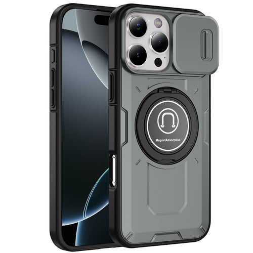 iPhone 16 Pro Max 6.9 inch Push Mount Friendly Camera Protective [Ring Stand] Hybrid Case - Gray