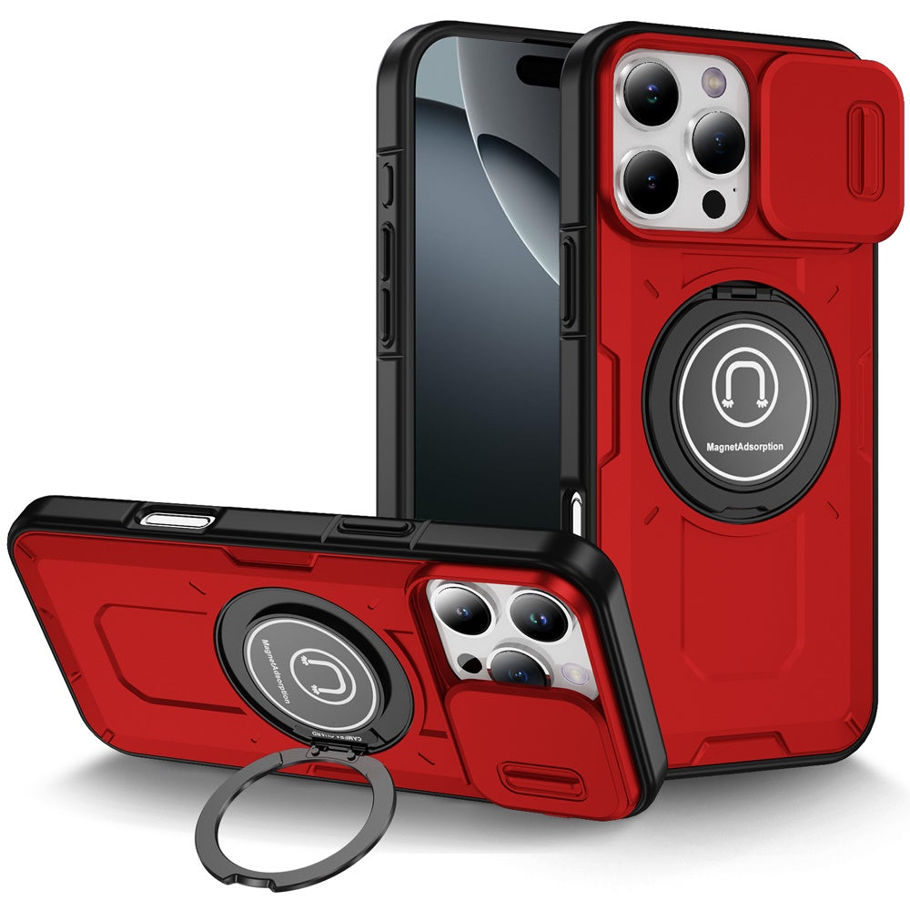 iPhone 16 Pro Max 6.9 inch Push Mount Friendly Camera Protective [Ring Stand] Hybrid Case - Red
