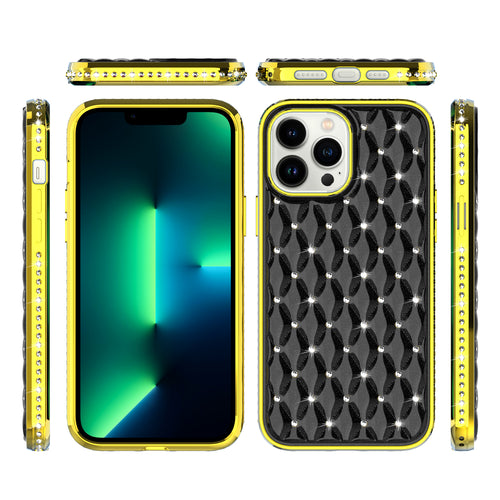 Apple iPhone 14 PRO 6.1" Radiant Chrome Diamonds Hybrid Case Cover - Black