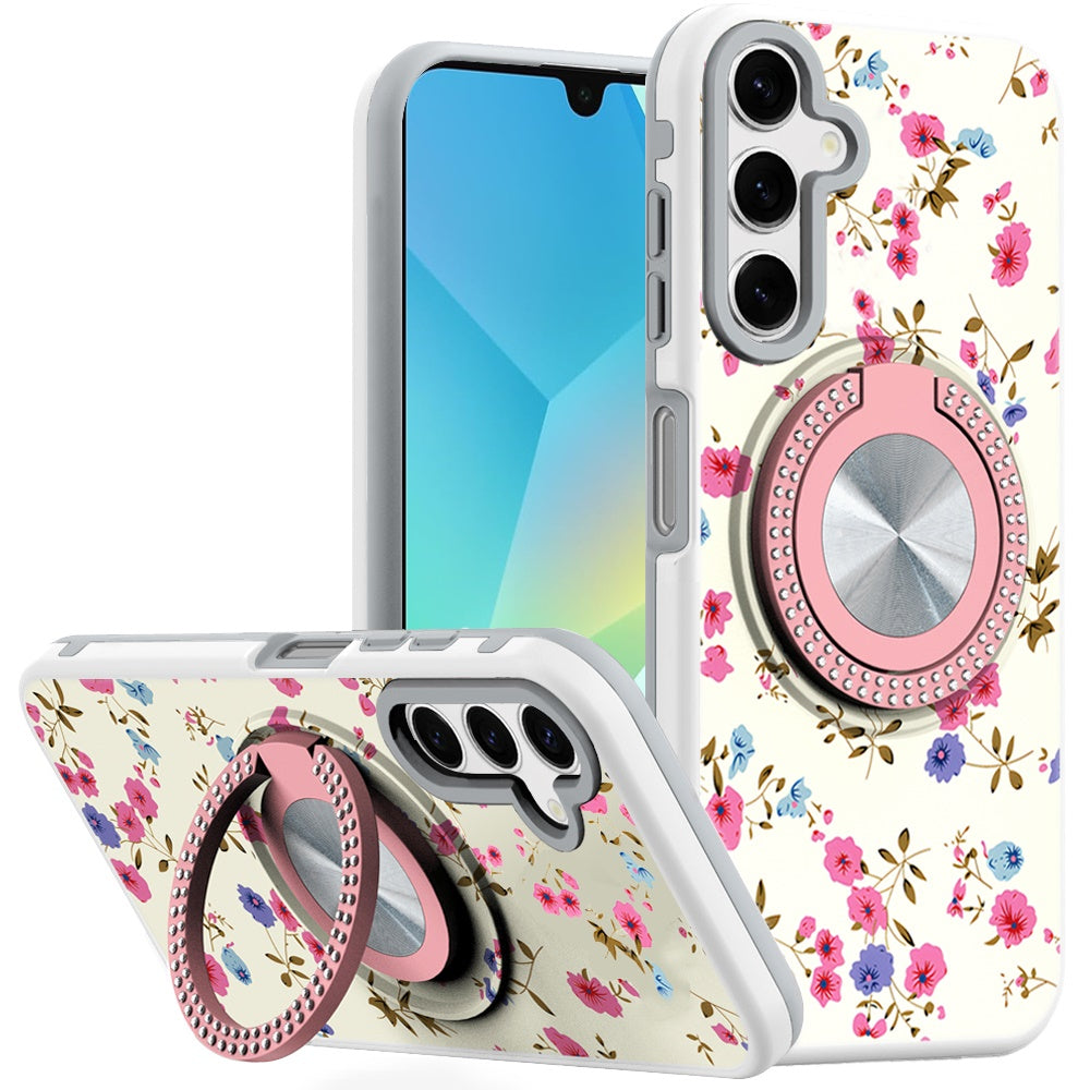 Samsung A16 5G Metal Diamond CD Pattern Design Matte Finished Hybrid with Rotational Ring [Car Mount Friendly]