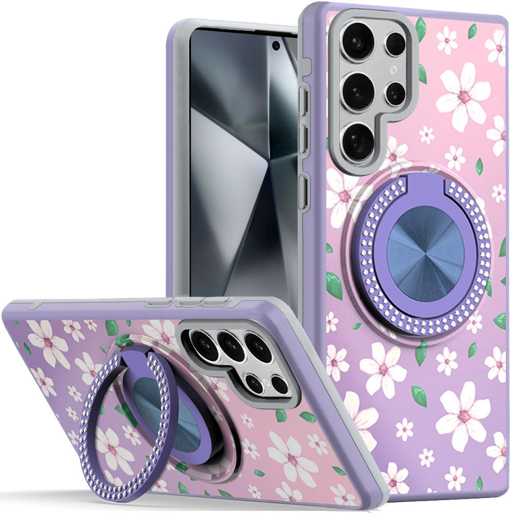 Samsung Galaxy s24 Ultra Metal Diamond CD Pattern Design Matte Finished Hybrid with Rotational Ring [Car Mount Friendly] Case - Floral B