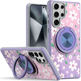 Samsung Galaxy s24 Ultra Metal Diamond CD Pattern Design Matte Finished Hybrid with Rotational Ring [Car Mount Friendly] Case - Floral B