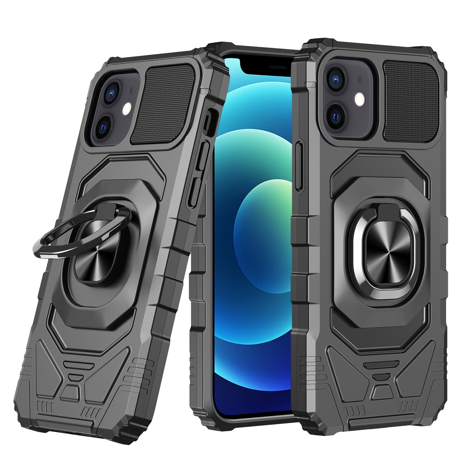 iPhone 12 & iPhone 12 Pro (Open Camera Hole) Robotic Hybrid with Magnetic Ring Stand Case Cover - Black