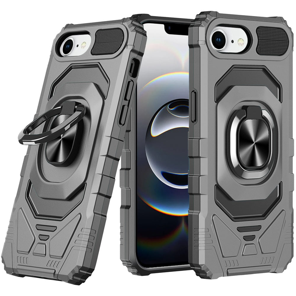 iPhone 16E (E edition) / SE4 (2025) Robotic Hybrid with Magnetic Ring Stand Case Cover - Grey