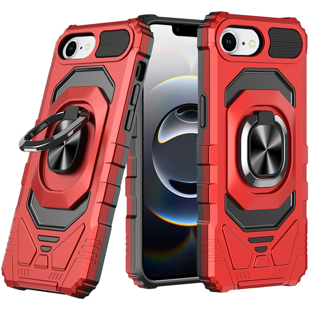 iPhone 16E (E edition) / SE4 (2025) Robotic Hybrid with Magnetic Ring Stand Case Cover - Red