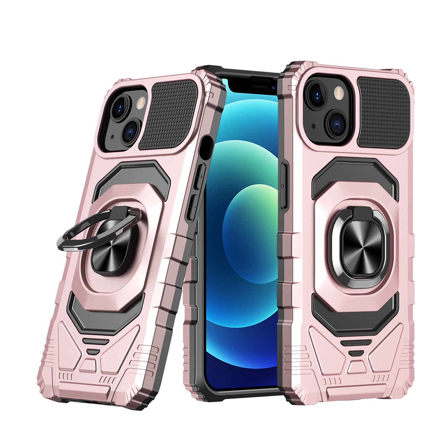Apple iPhone 14 PRO 6.1" Robotic Hybrid with Magnetic Ring Stand Case Cover - Rose Gold