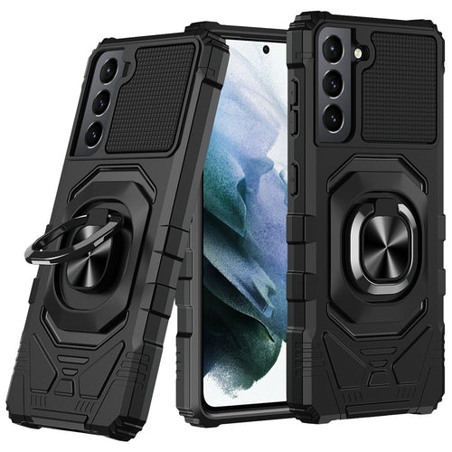 Samsung Galaxy S22 Robotic Hybrid with Magnetic Ring Stand Case Cover - Black