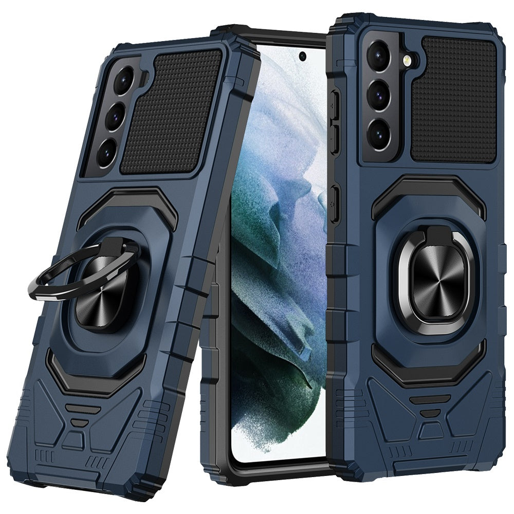 Samsung Galaxy S22 Ultra Robotic Hybrid with Magnetic Ring Stand Case Cover - Dark Blue