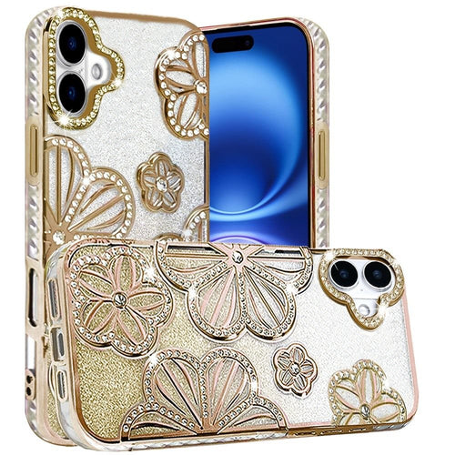 iPhone 17 Shimmer Glitter Floral Design Thick TPU Case Cover - Gold