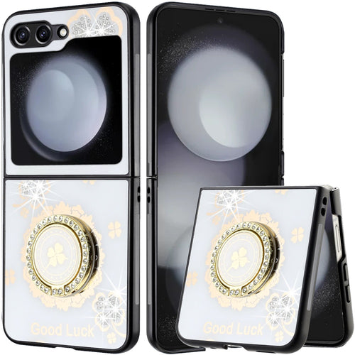 Samsung Z Flip 7FE / Flip 6 SPLENDID Diamond Glitter Ornaments Engraving Case Cover - Good Luck Floral White