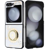 Samsung Z Flip 7FE / Flip 6 SPLENDID Diamond Glitter Ornaments Engraving Case Cover - Good Luck Floral White