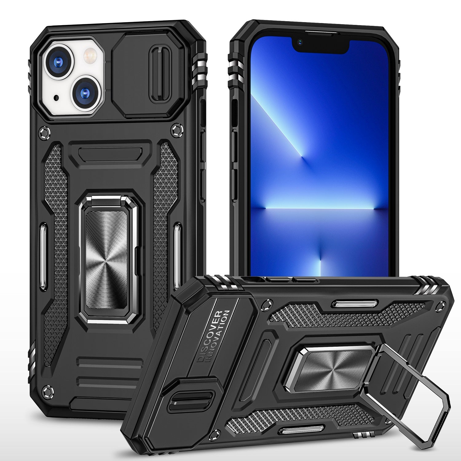 Apple iPhone 11 (XI6.1) Utter Tough Metal Ring Movable Camera Window Hybrid Case Cover - Black