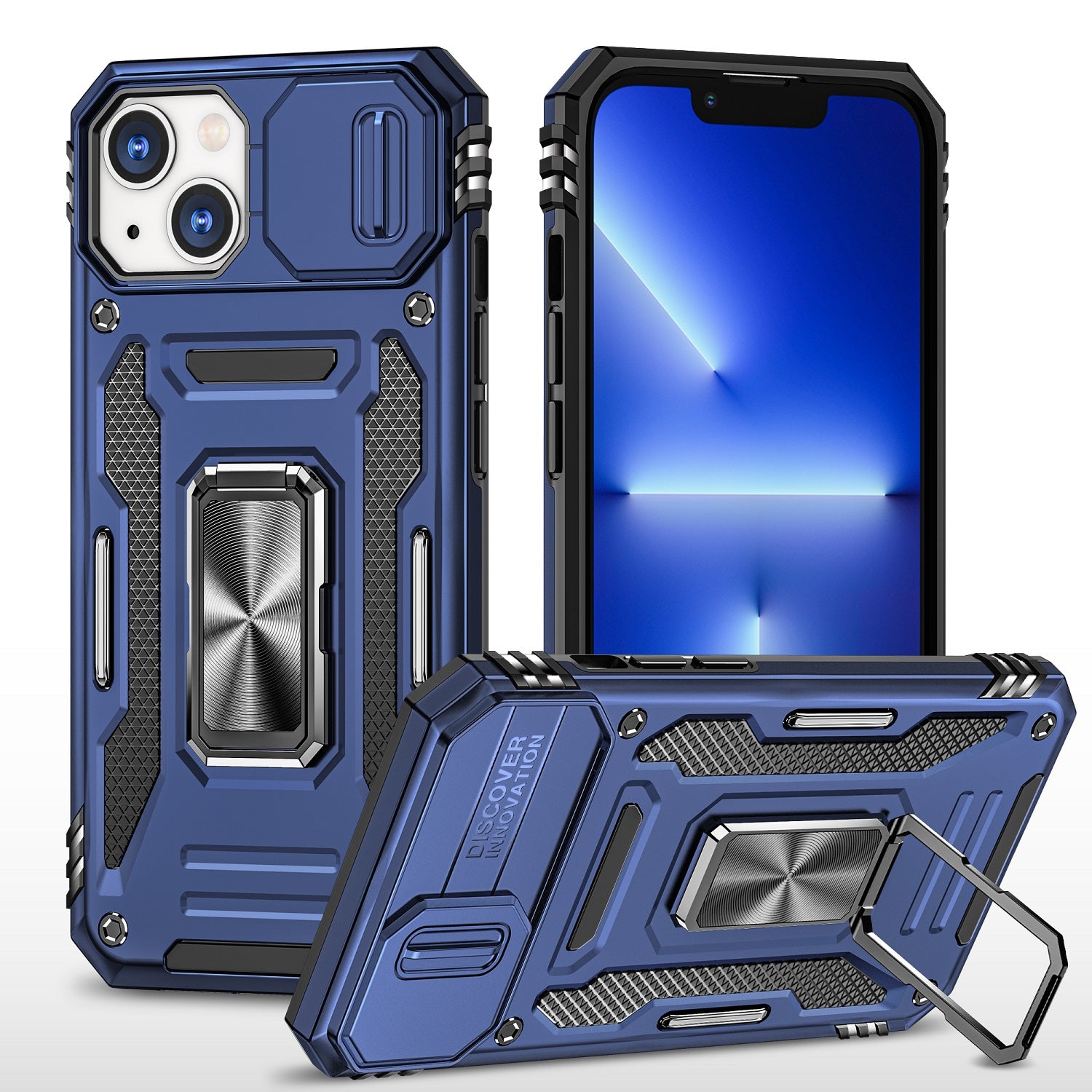 Apple iPhone 11 (XI6.1) Utter Tough Metal Ring Movable Camera Window Hybrid Case Cover - Navy blue