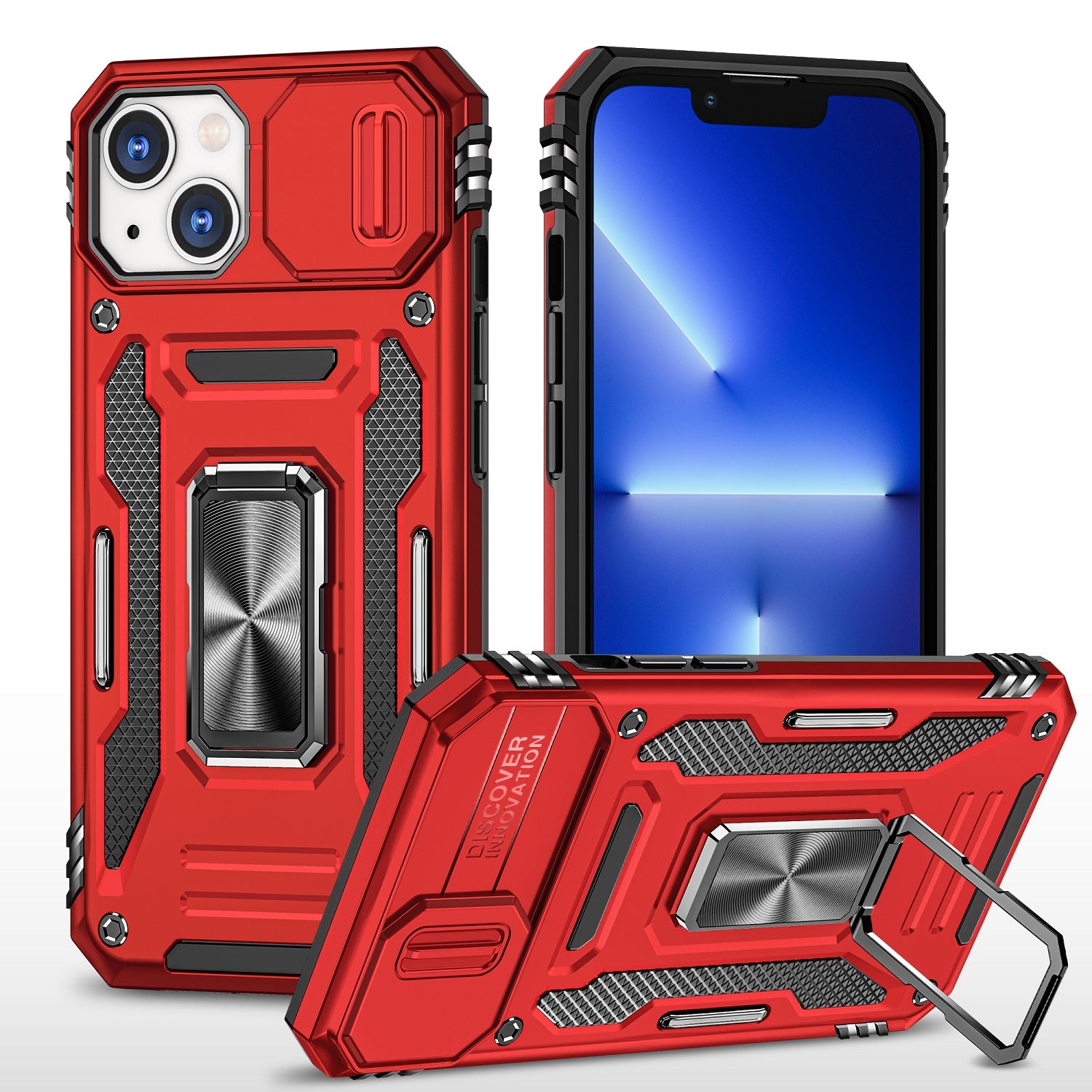 Apple iPhone 11 (XI6.1) Utter Tough Metal Ring Movable Camera Window Hybrid Case Cover - Red