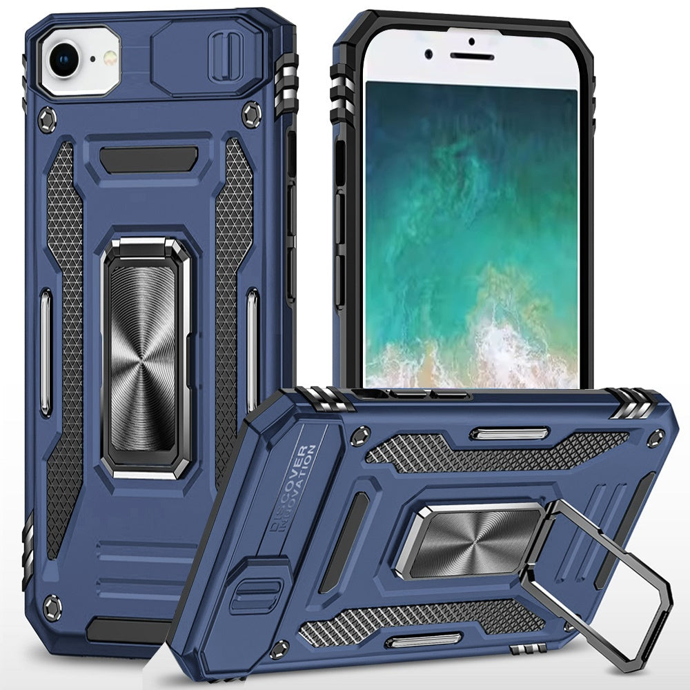 iPhone 16E / SE4 Utter Tough Metal Ring Movable Camera Window Hybrid Case Cover - Navy blue