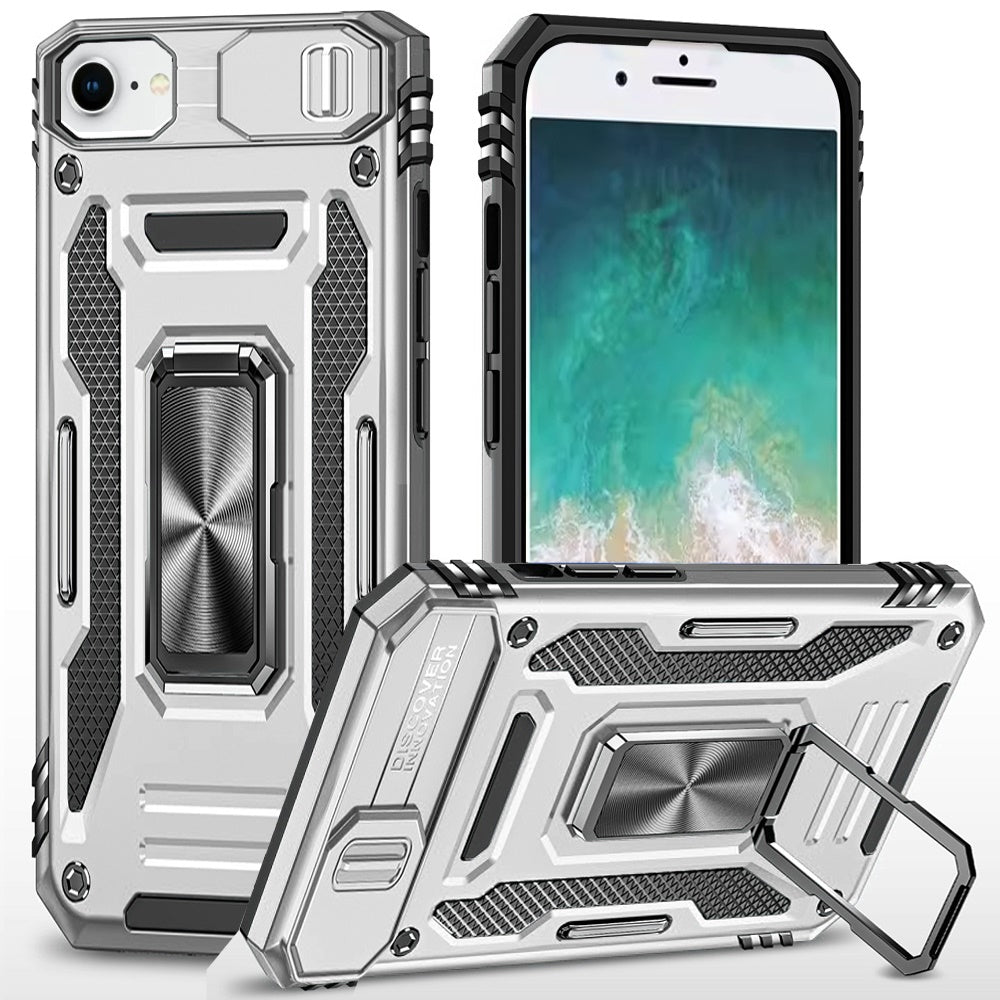 iPhone 16E / SE4 Utter Tough Metal Ring Movable Camera Window Hybrid Case Cover - Silver