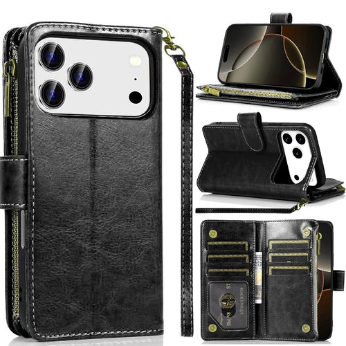 iPhone 17 Pro Max Luxury Wallet Card ID Zipper Money Holder Case Cover - Black
