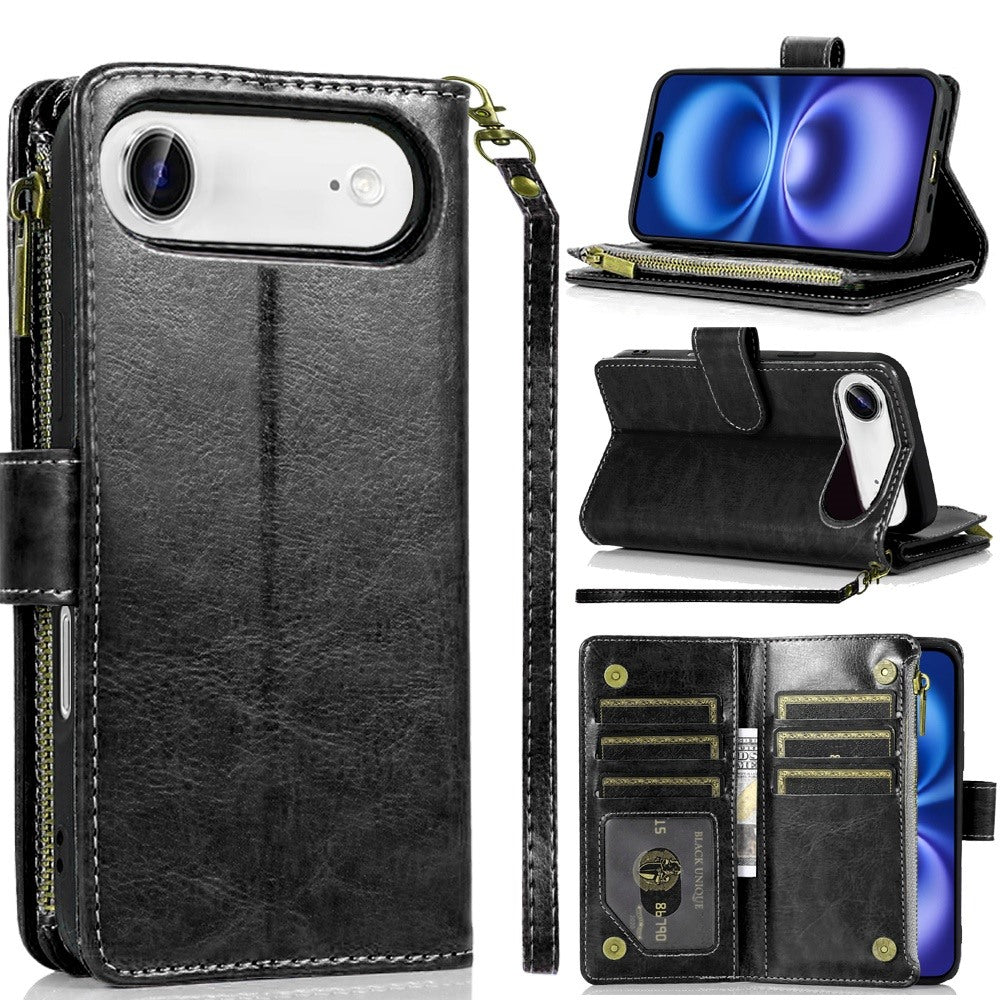 iPhone 17 Air Luxury Wallet Card ID Zipper Money Holder Case Cover - Black