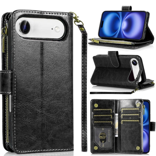 iPhone 17 Air Luxury Wallet Card ID Zipper Money Holder Case Cover - Black