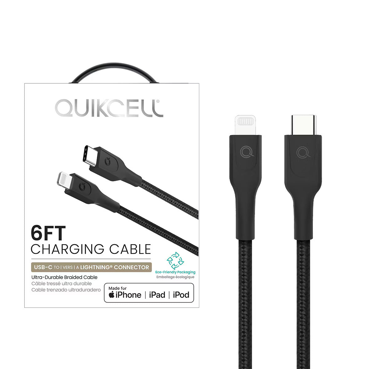Quikcell   6ft FAST CHARGE CABLE Lightning to USB-C Black