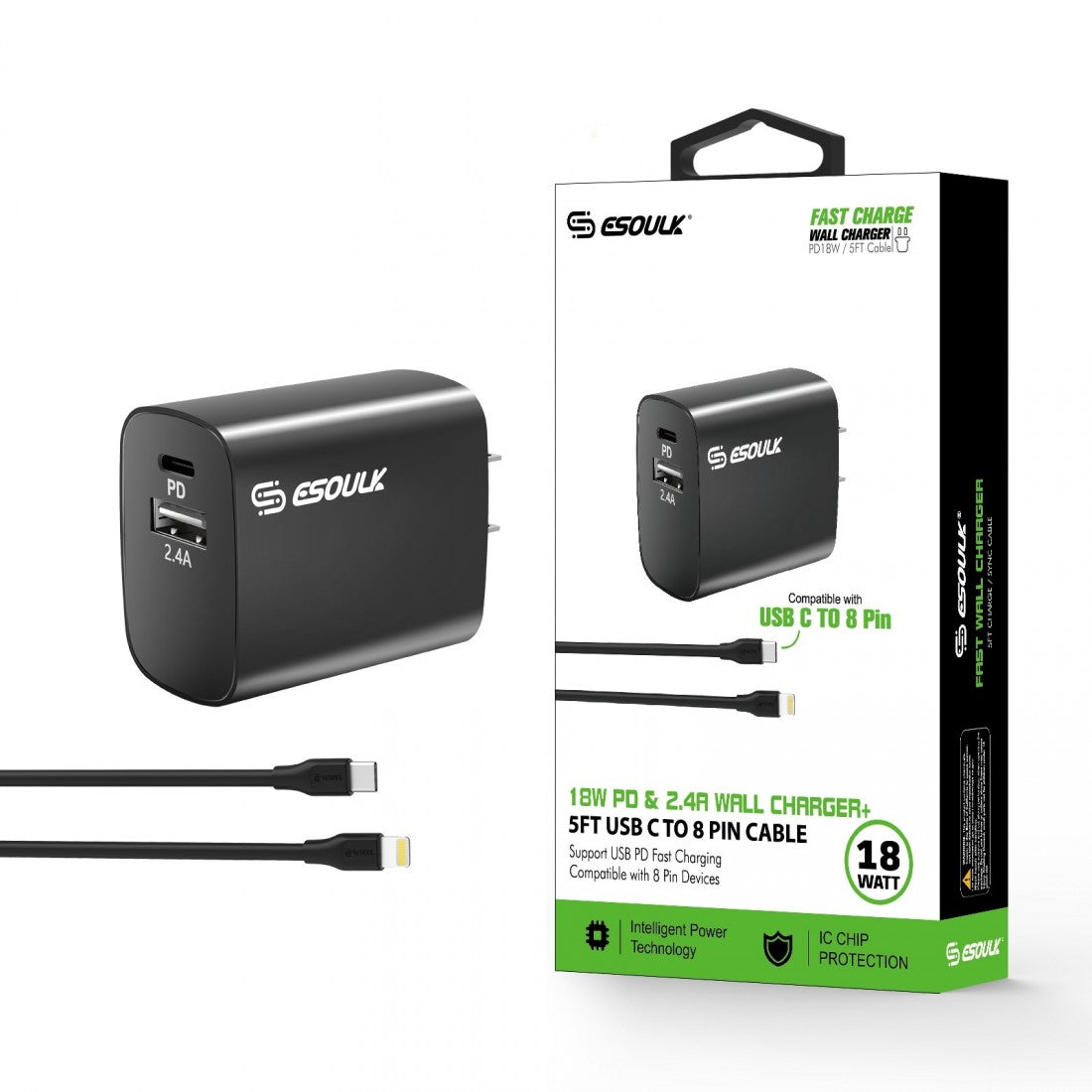 ESOULK EC10P-CL 18W HOME CHARGER+TYPE C TO 8 PIN-B