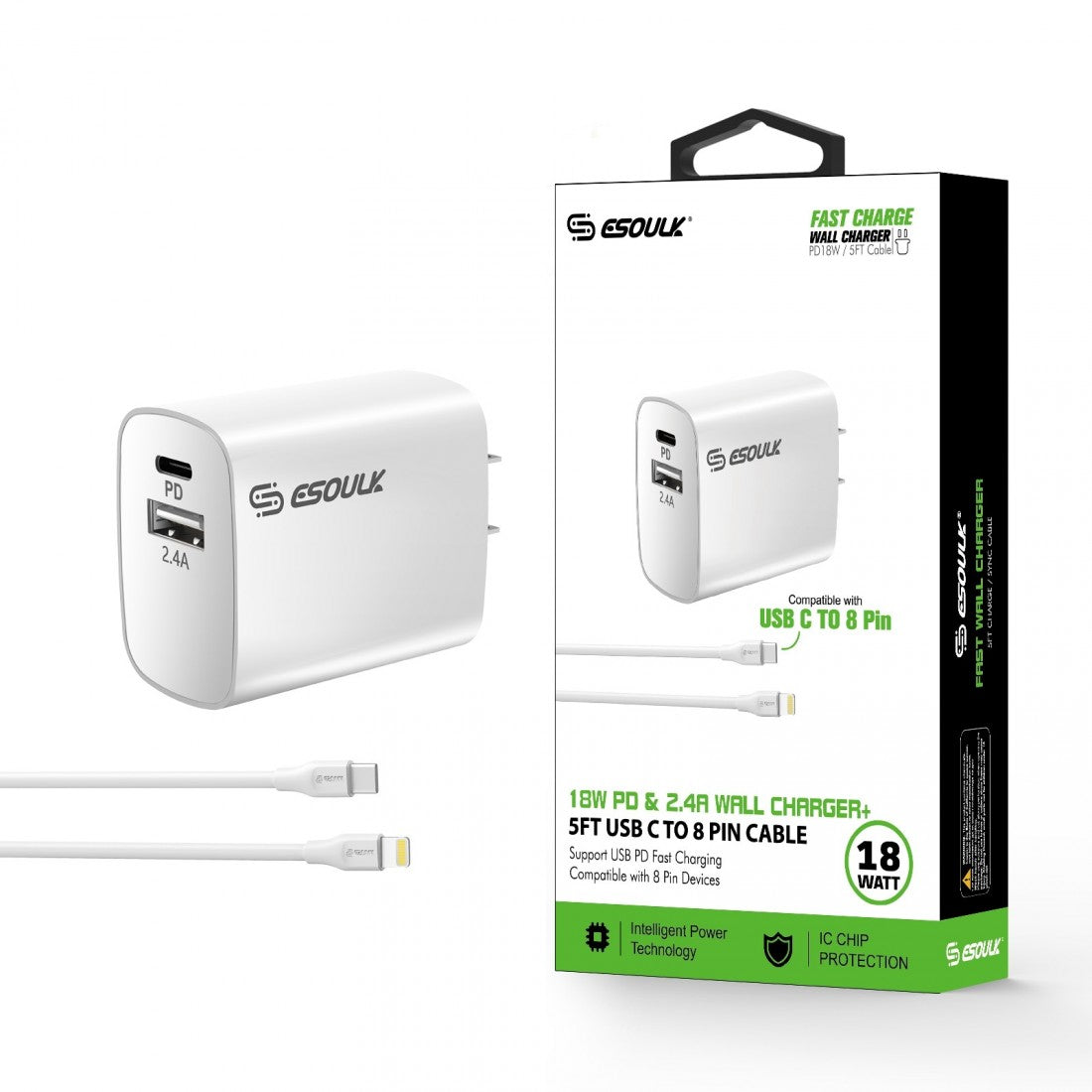 ESOULK EC10P-CL 18W HOME CHARGER+TYPE C TO 8 PIN-W