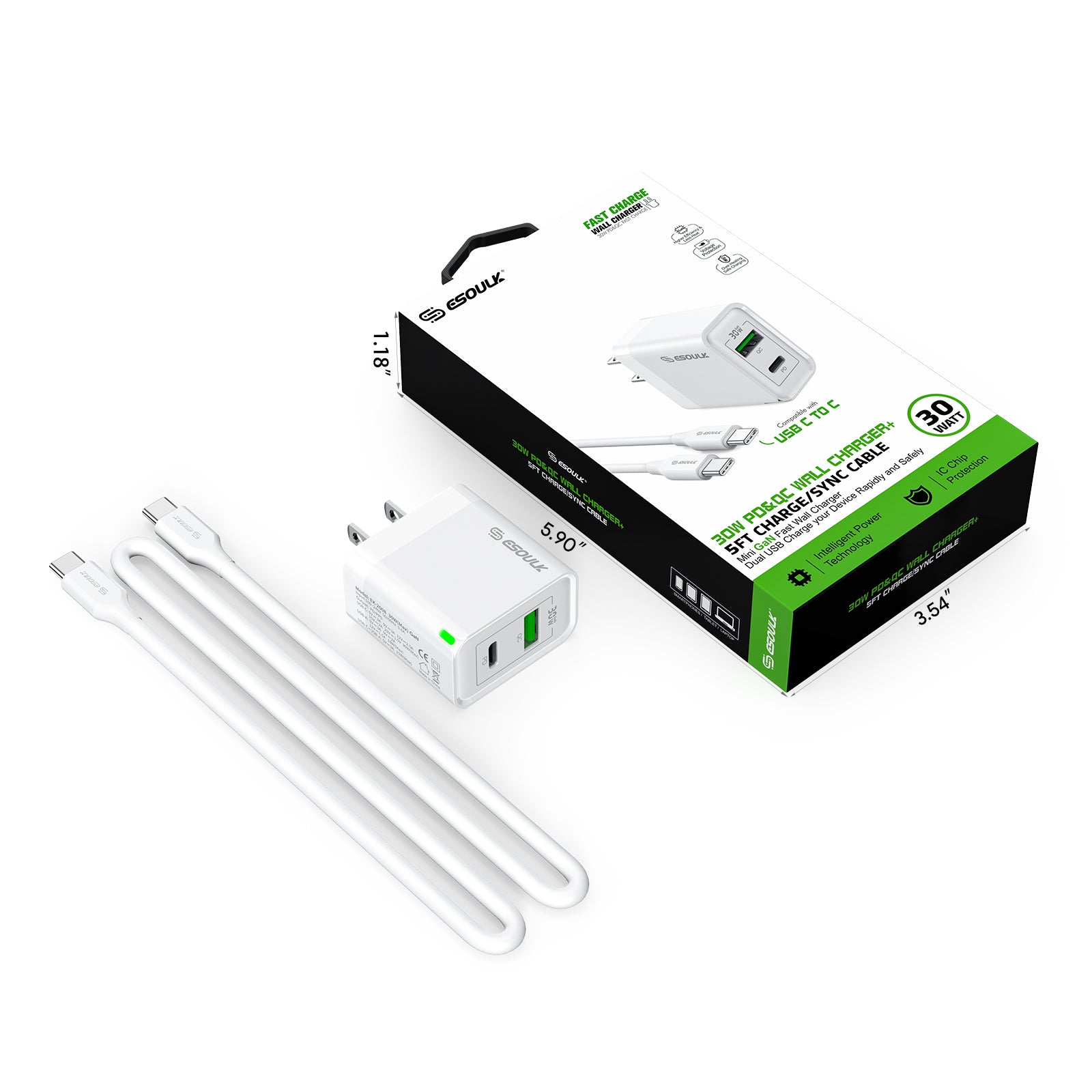 30W PD&QC Wall Charger +5Ft USB-C To USB-C Cable (12/48)