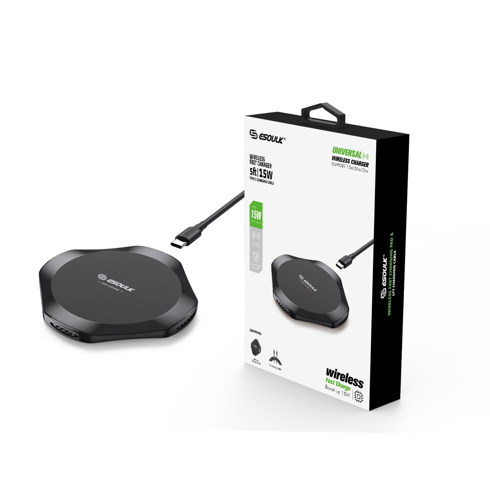 Esoulk 15W UNIVERSAL WIRELESS CHARGER & 5FT TYPE-C CHARGING CABLE (Black)