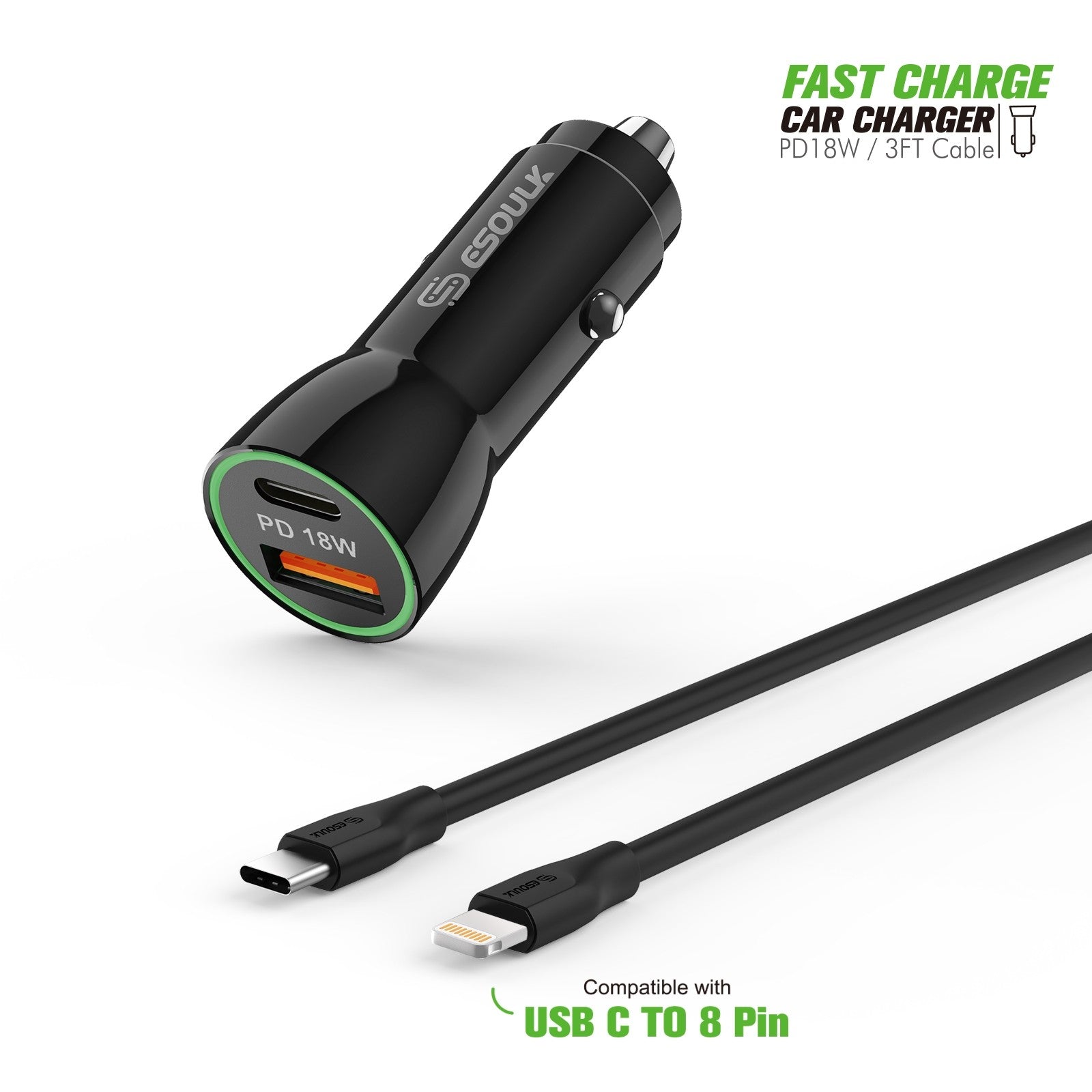 18W Car Charger PD & USB-A With 3ft C To 8Pin Cable