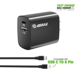 18W Wall Charger PD & USB-A With 5ft C To 8Pin Cable